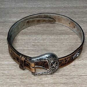 Justin Belt Flag Eagle Buckle Brown Men Leather Tooled Size 38 Western Stars